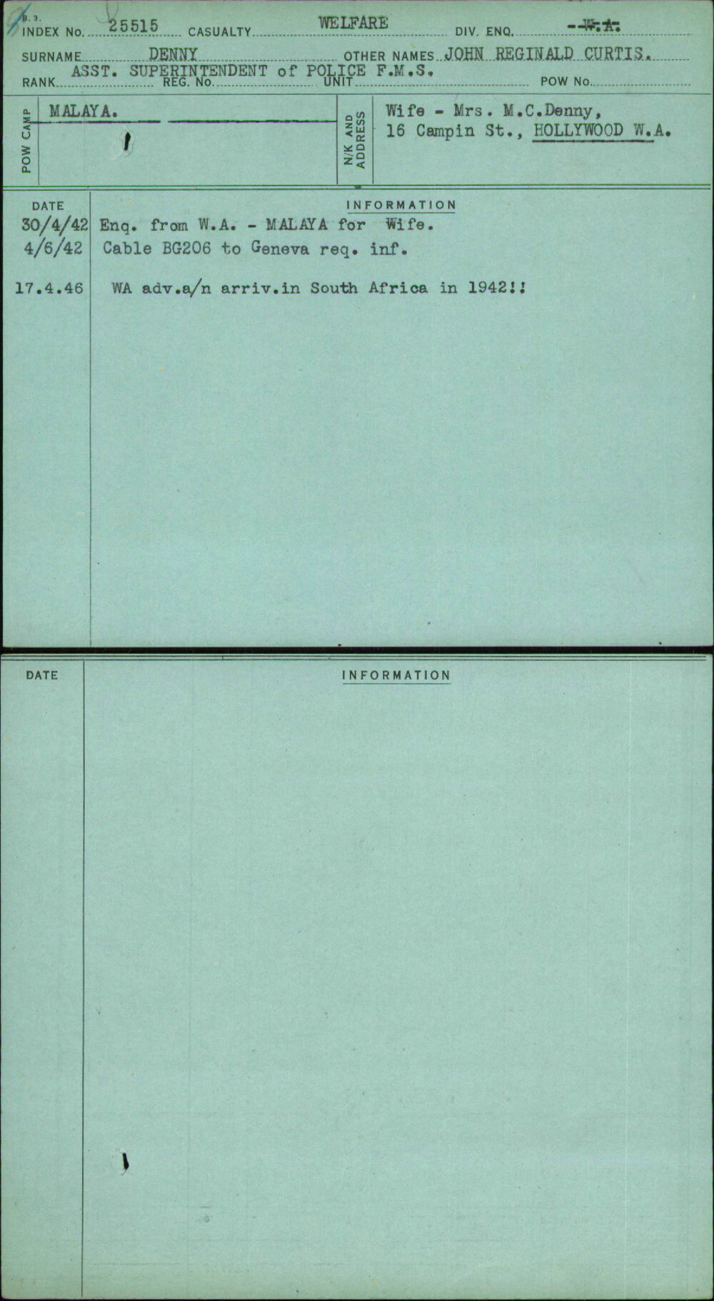 Denny, John Reginald Curtis, [No Service Number]