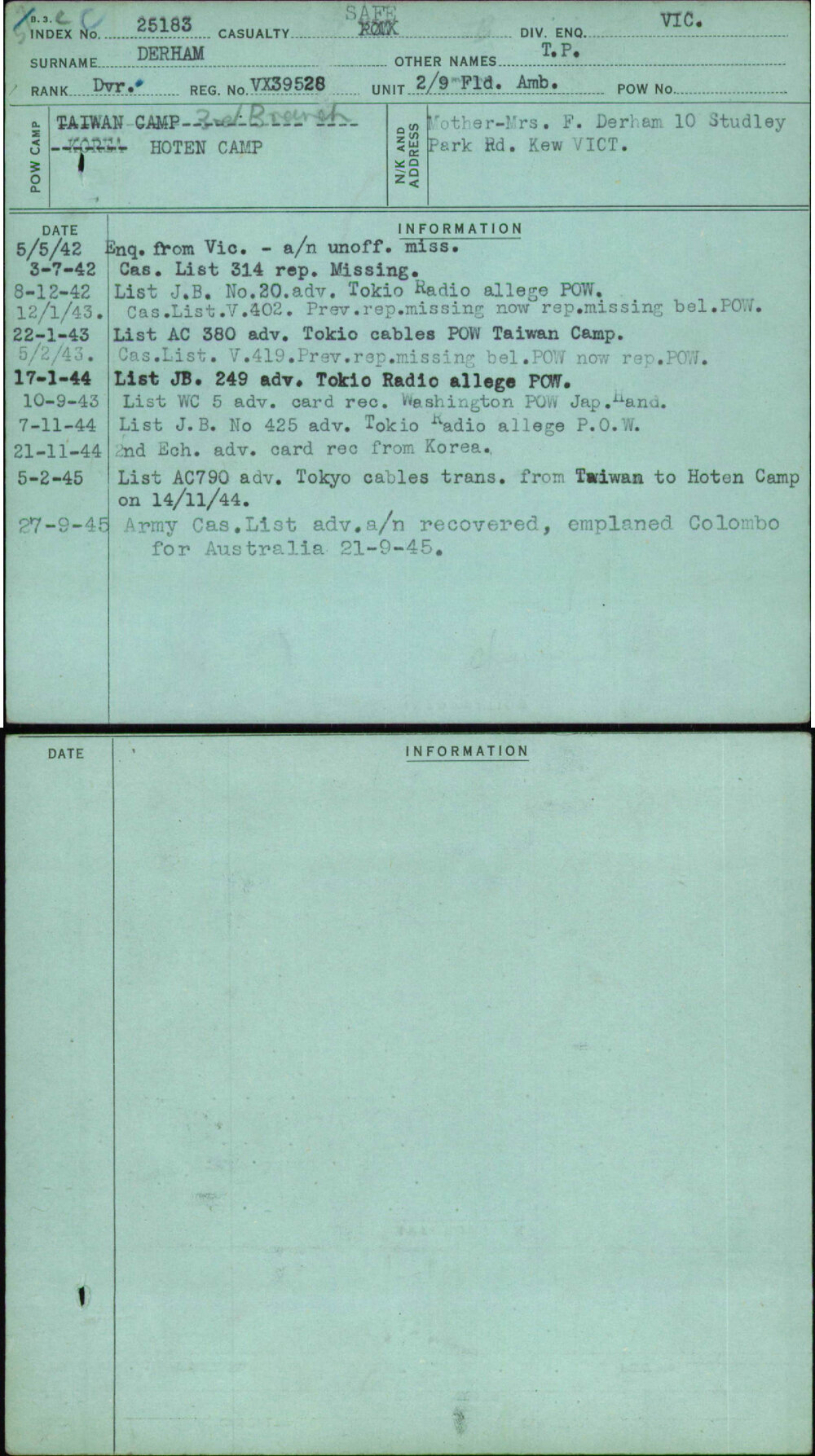 Derham, T P, VX39528