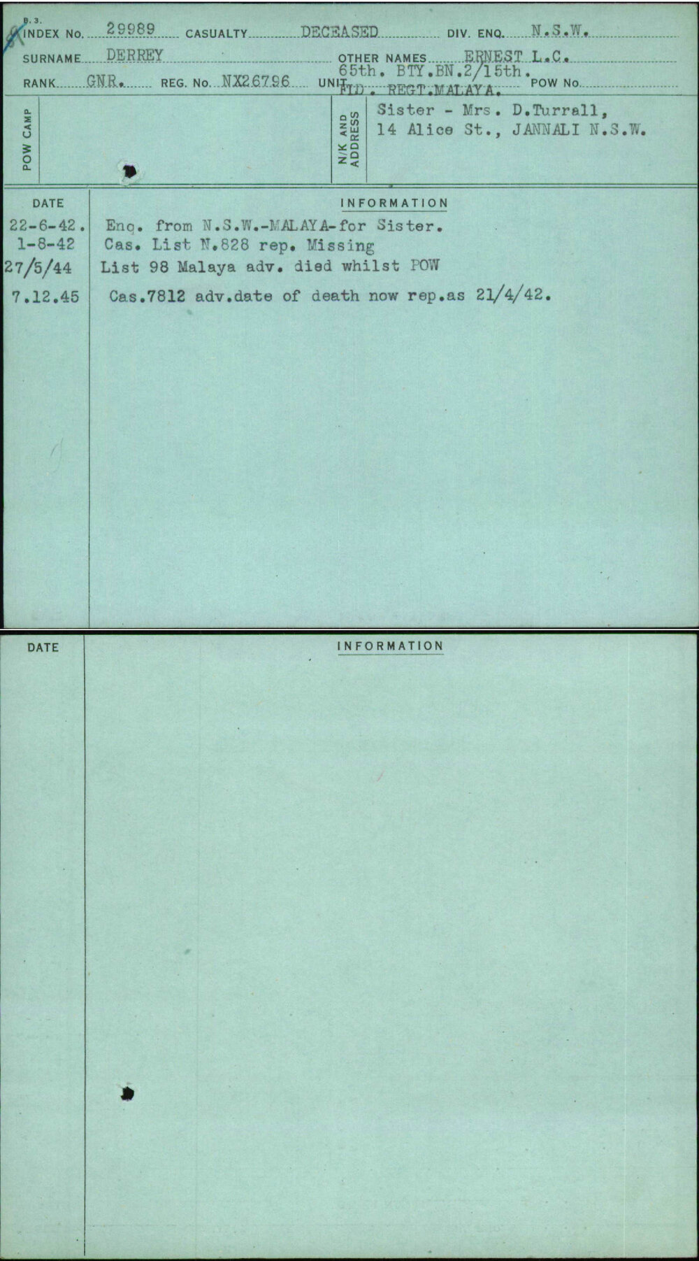 Derrey, Ernest L C, NX26796