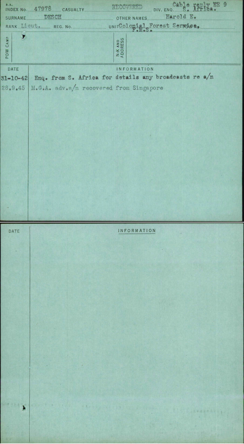 Desch, Harold E, [No Service Number]