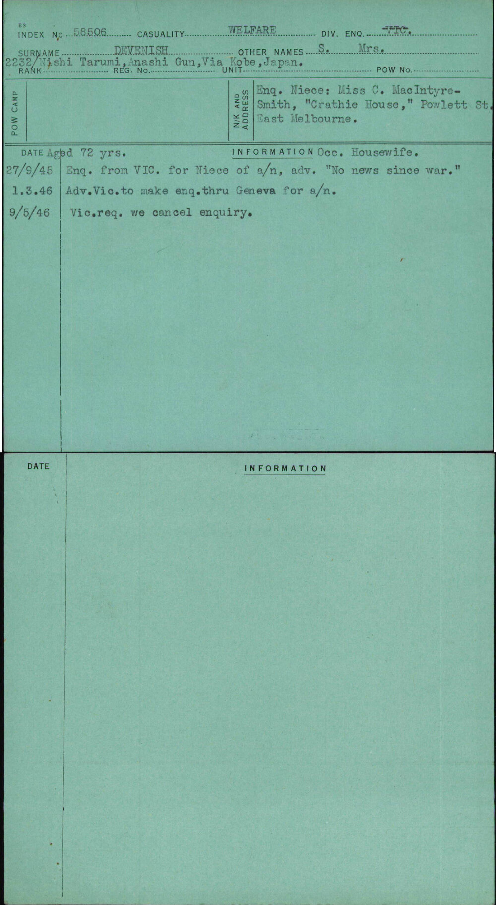 Devenish, S Mrs, [No Service Number]