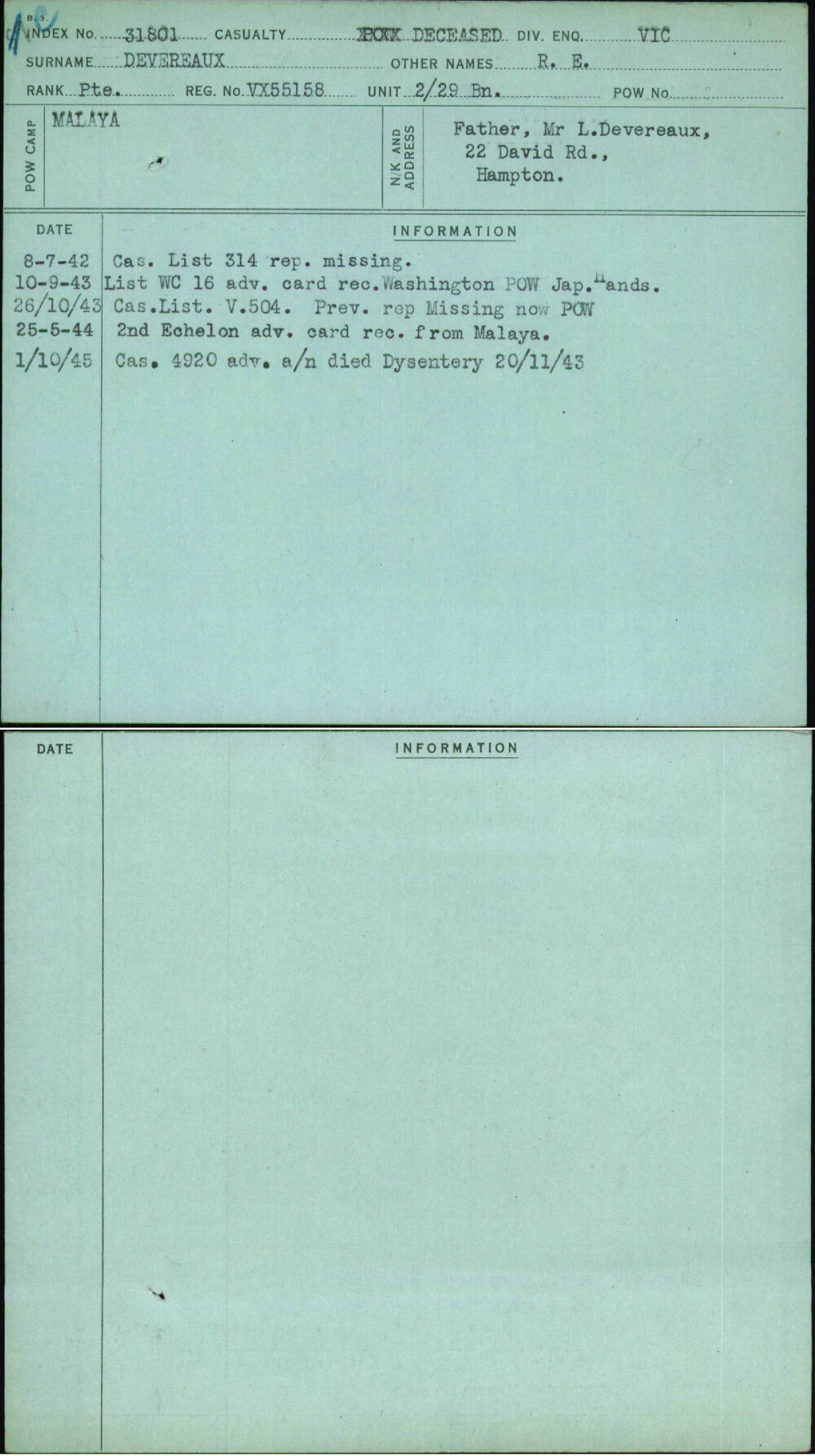 Devereaux, R E, VX55158