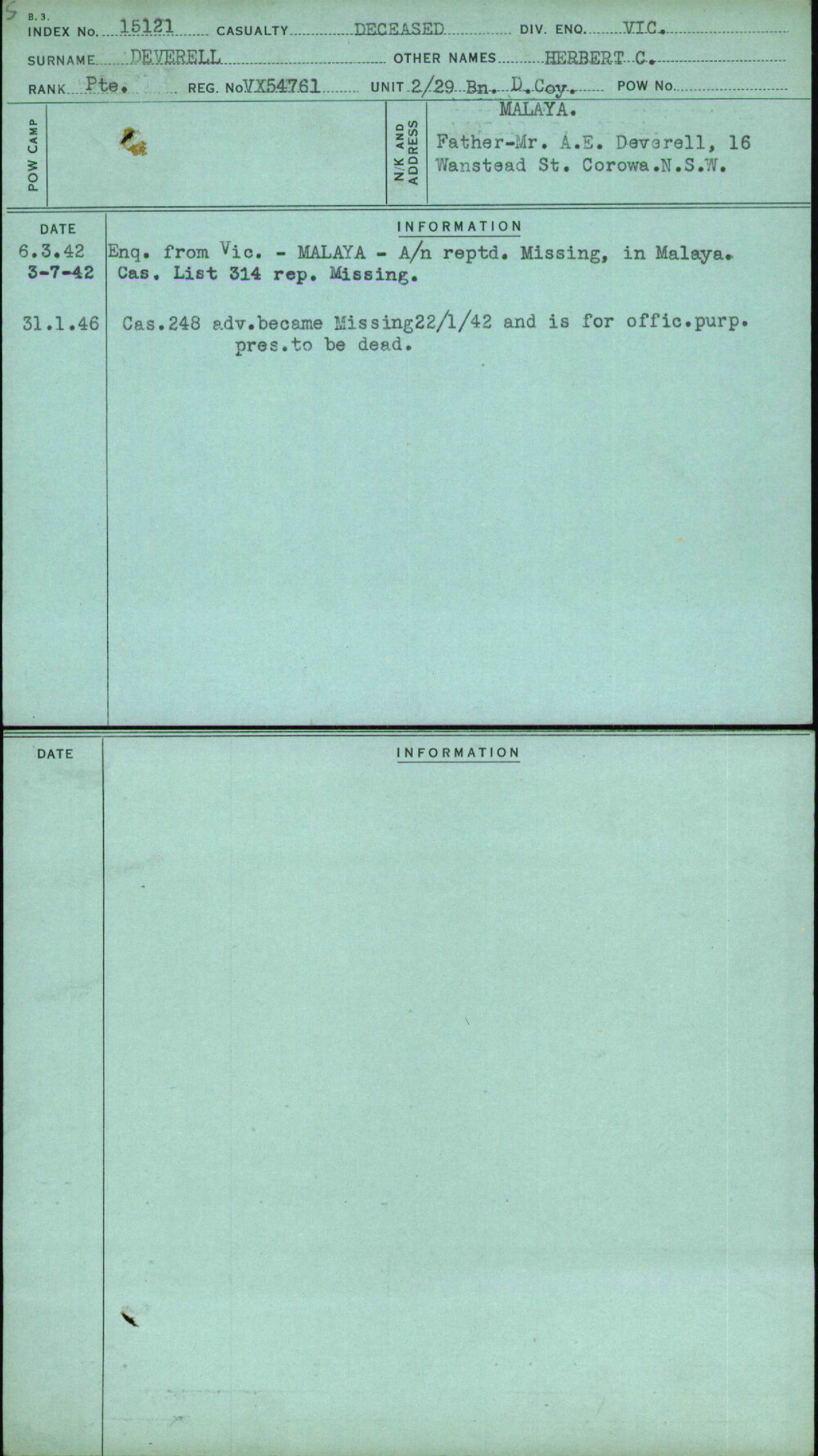 Deverell, Herbert C, VX54761