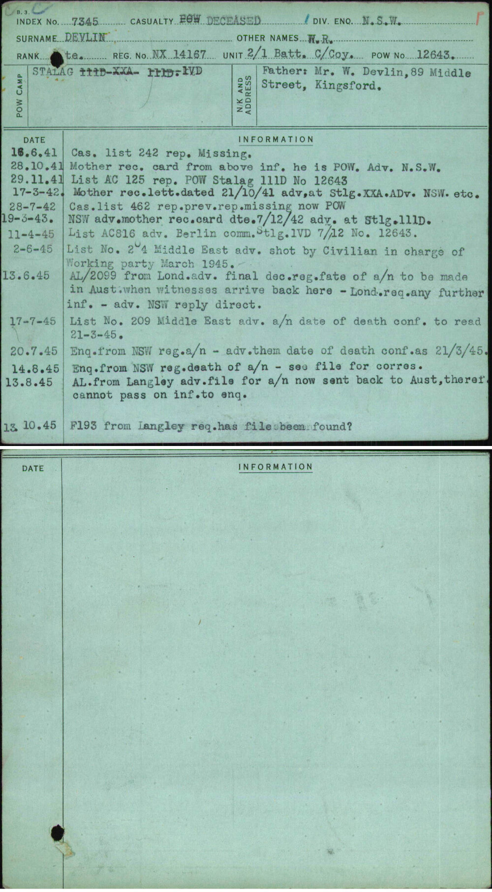 Devlin, W R, NX14167