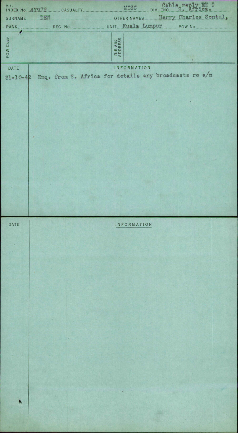 Dew, Harry Charles Sentul, [No Service Number]