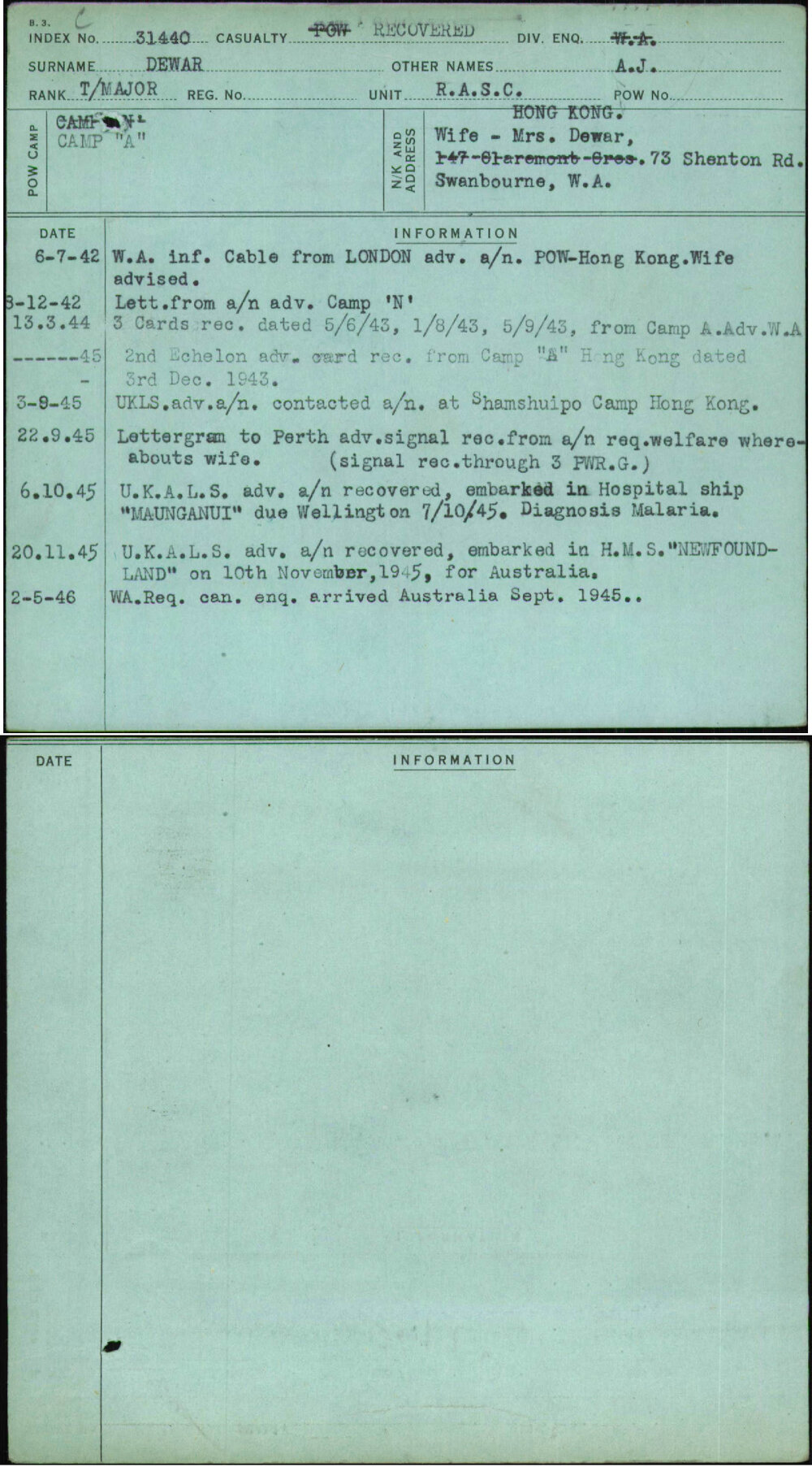 Dewar, A J, [No Service Number]