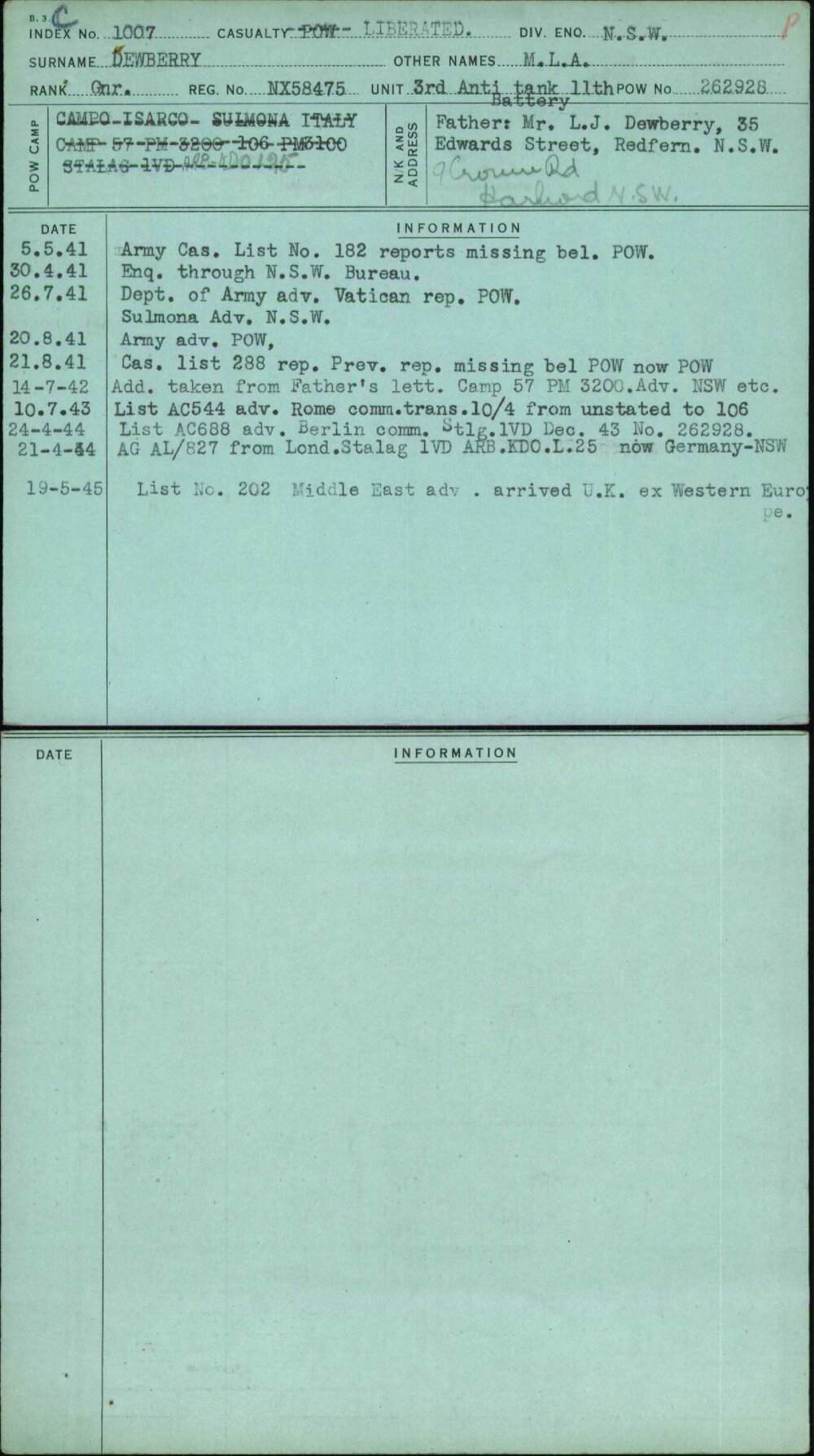 Dewberry, M L A, NX58475