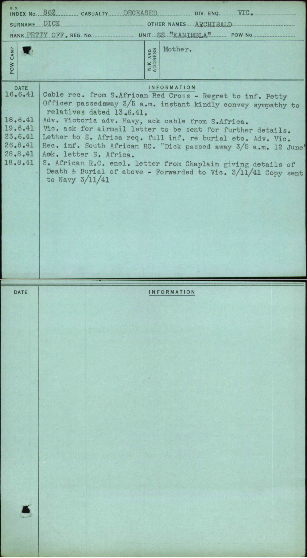 Dick, Archibald, [No Service Number]