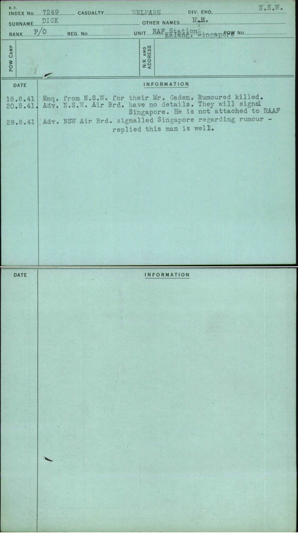 Dick, N H, [No Service Number]