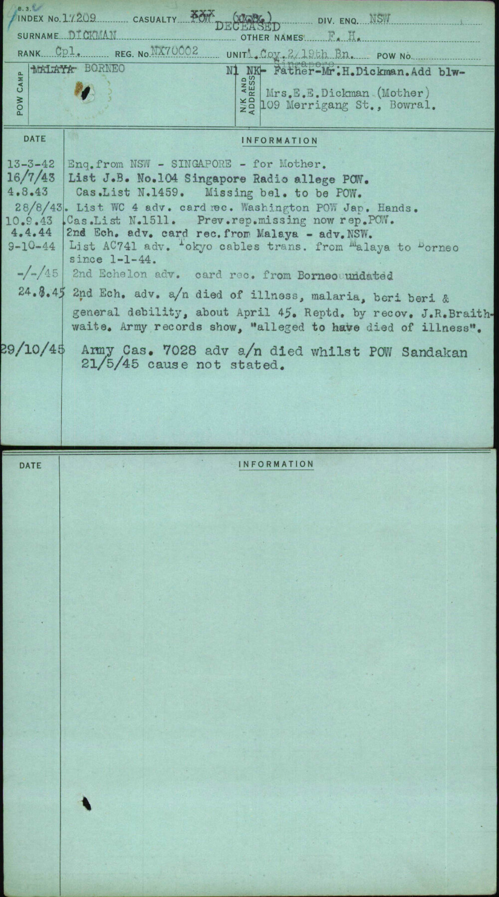 Dickman, F H, NX70002