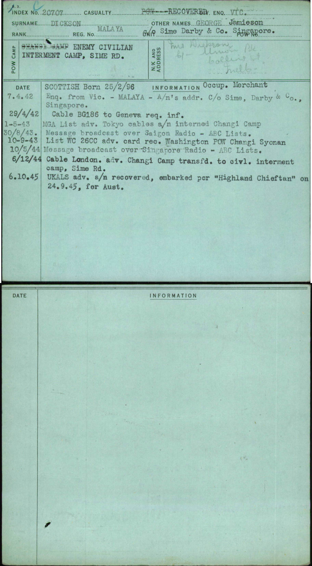 Dickson, George Jamieson, Malaya