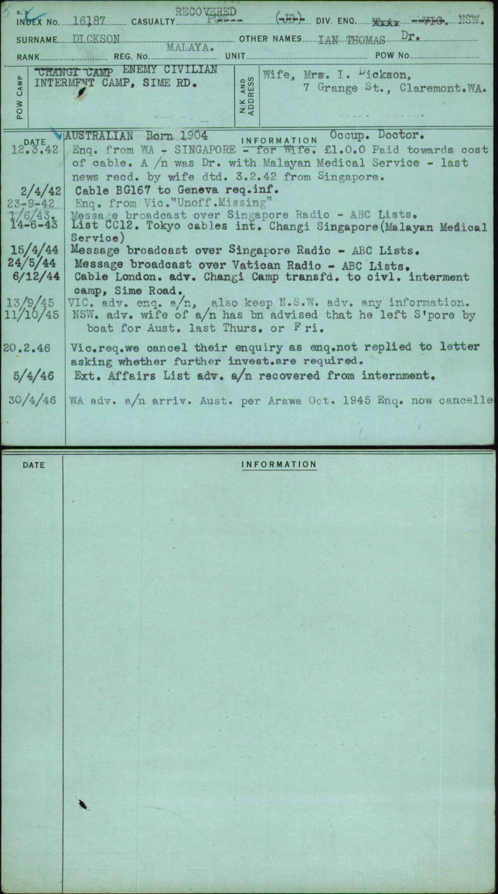 Dickson, Ian Thomas Dr, Malaya