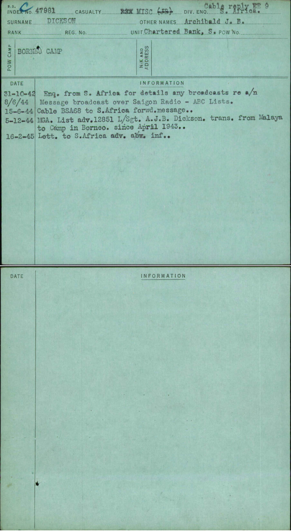 Dickson, Archibald J B, [No Service Number]