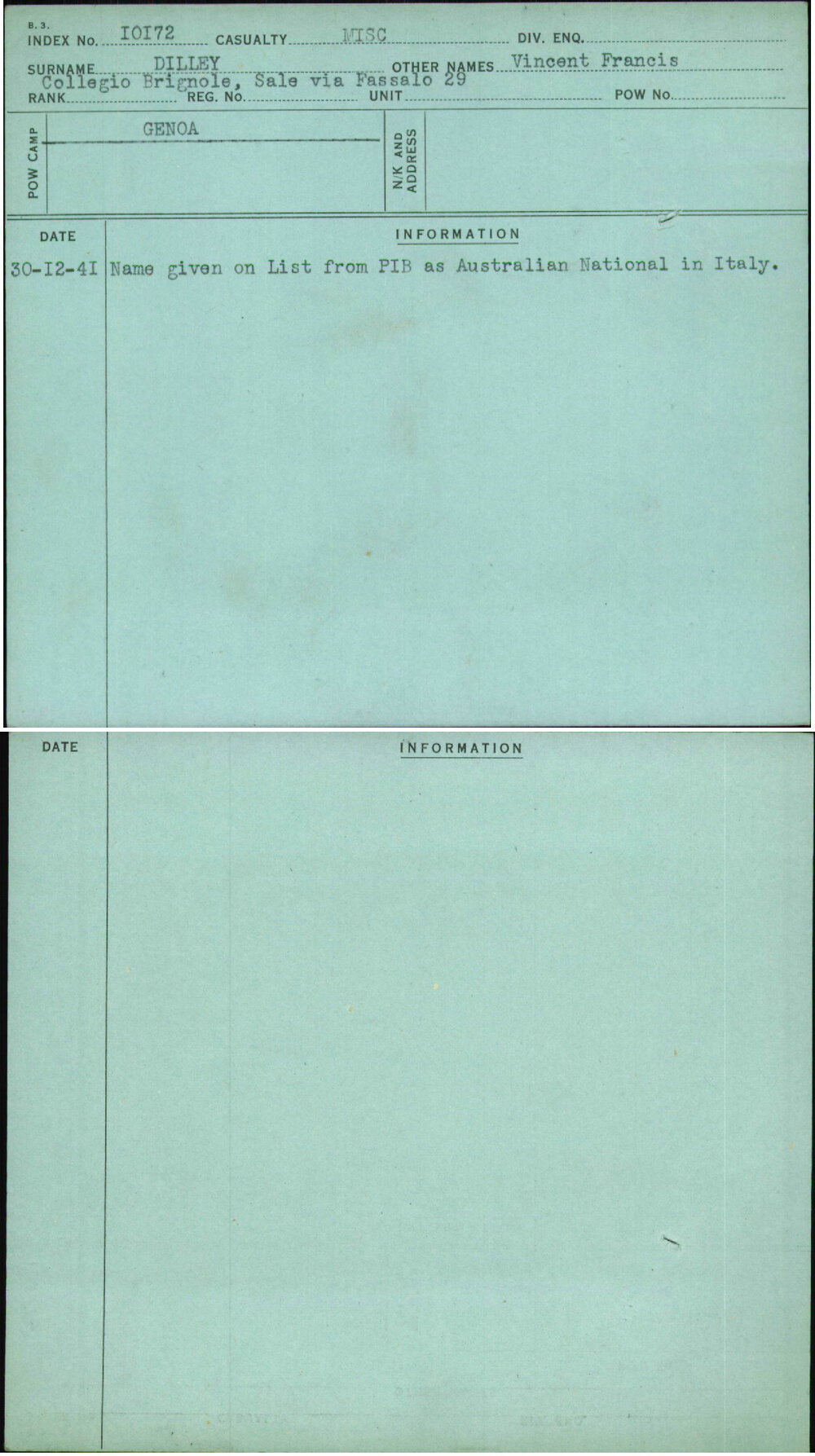 Dilley, Vincent Francis, [No Service Number]