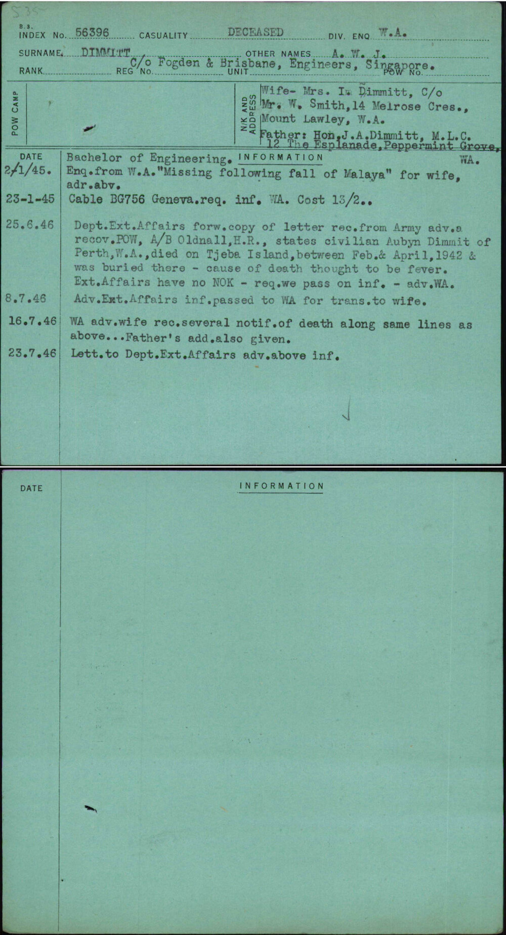 Dimmitt, A W J, C-O Fogden &amp; Brisbane Engineers Singapore