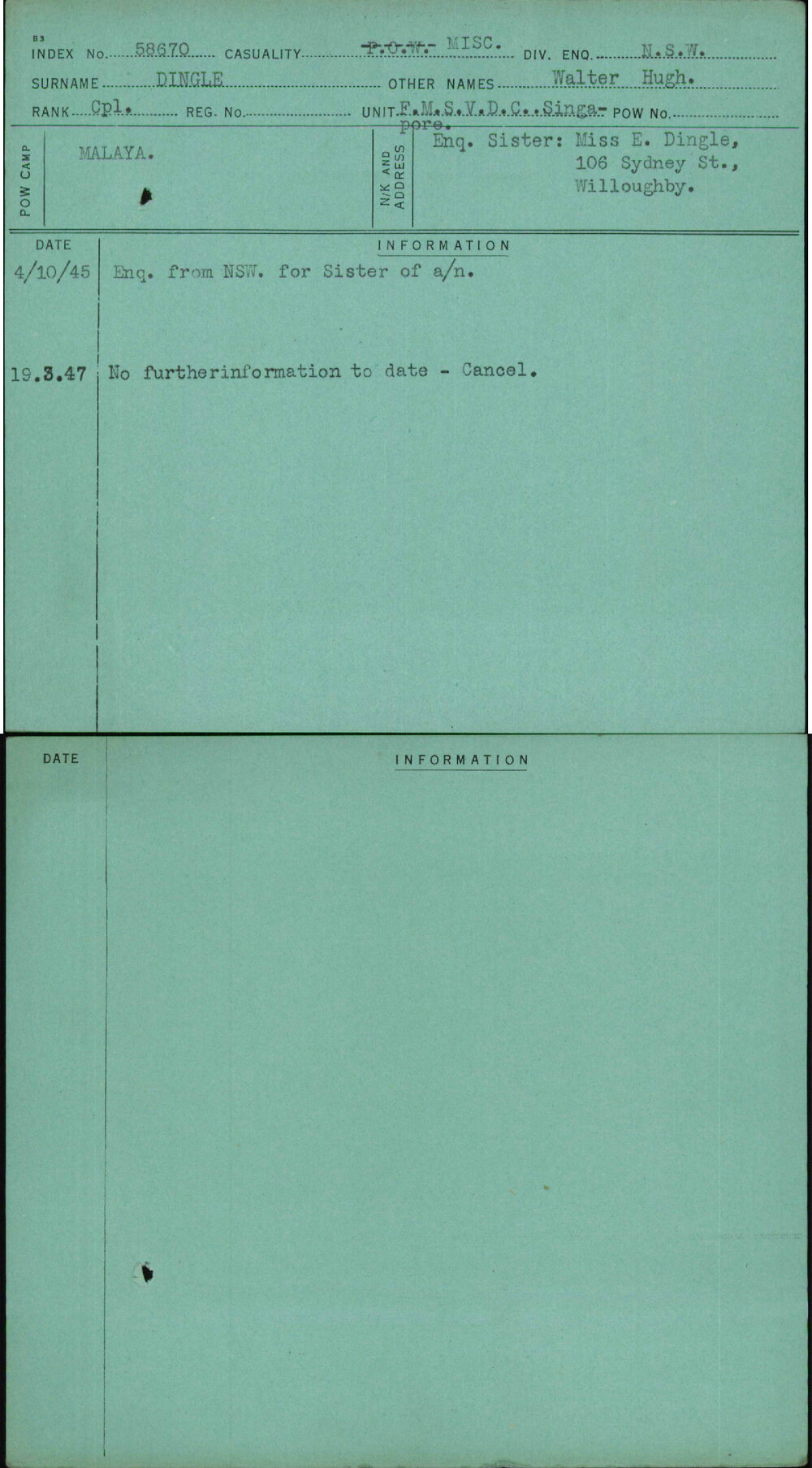 Dingle, Walter Hugh, [No Service Number]