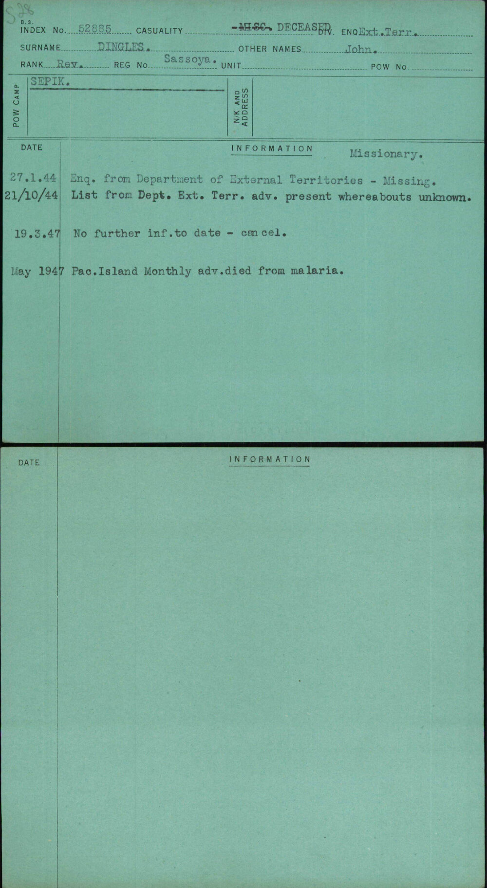 Dingles, John, Sassoya