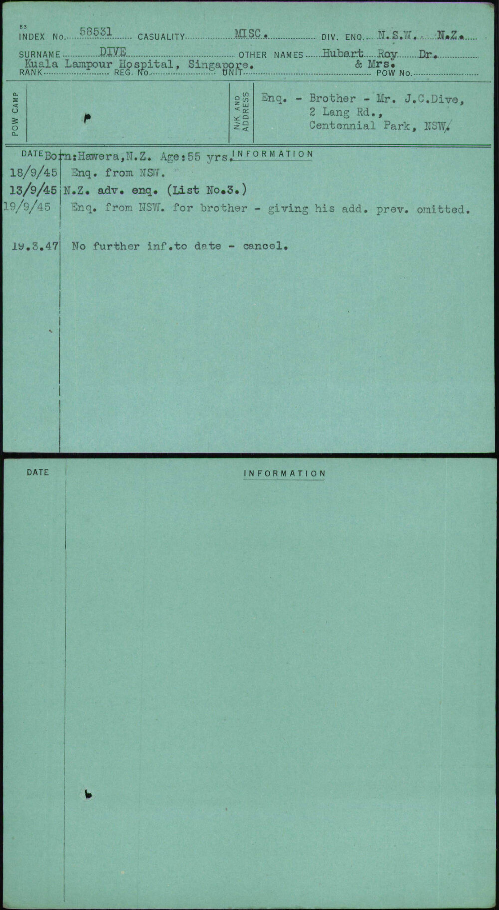 Dive, Hubert Roy Dr &amp; Mrs, [No Service Number]