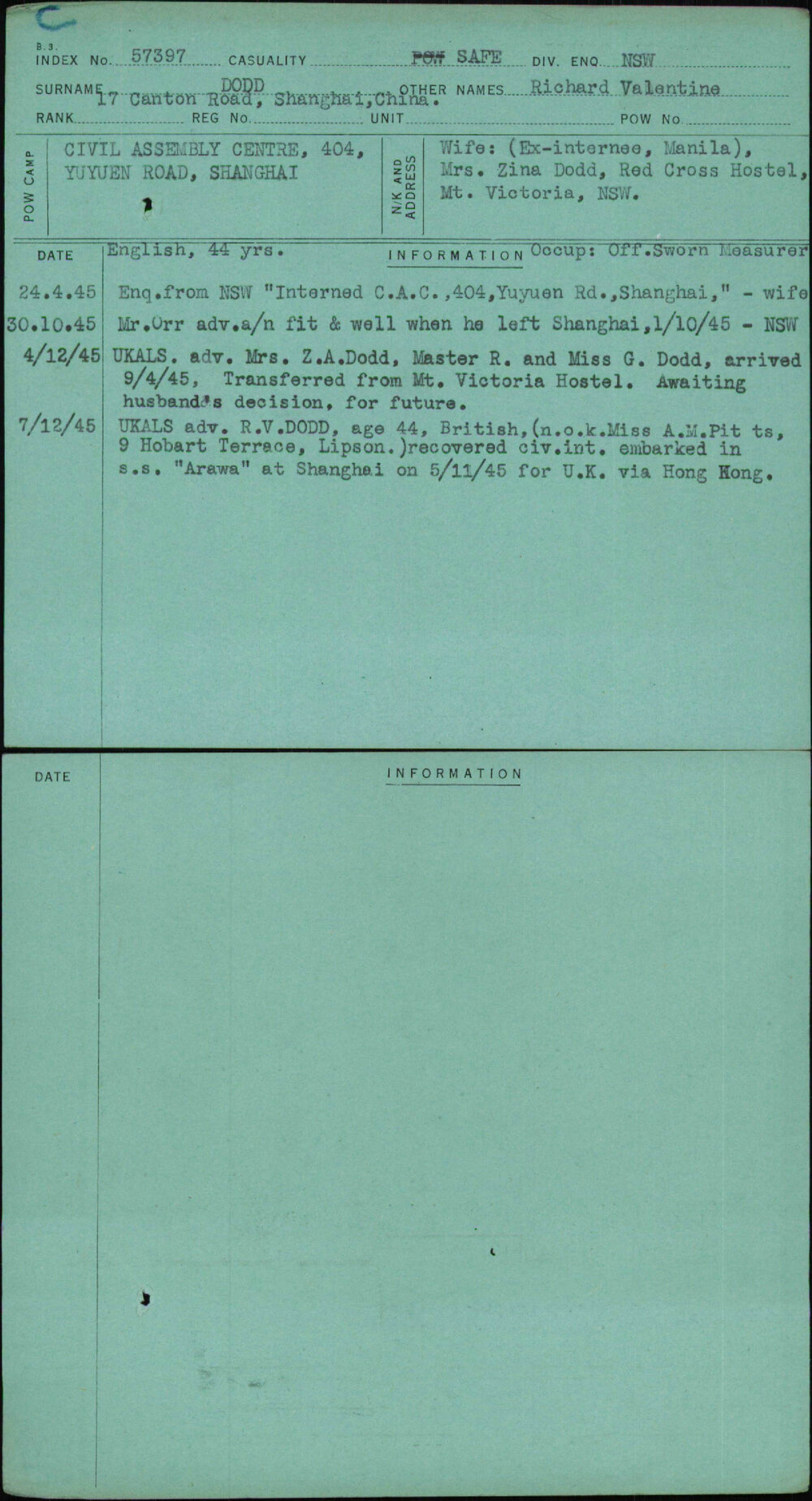 Dodd, Richard Valentine, [No Service Number]