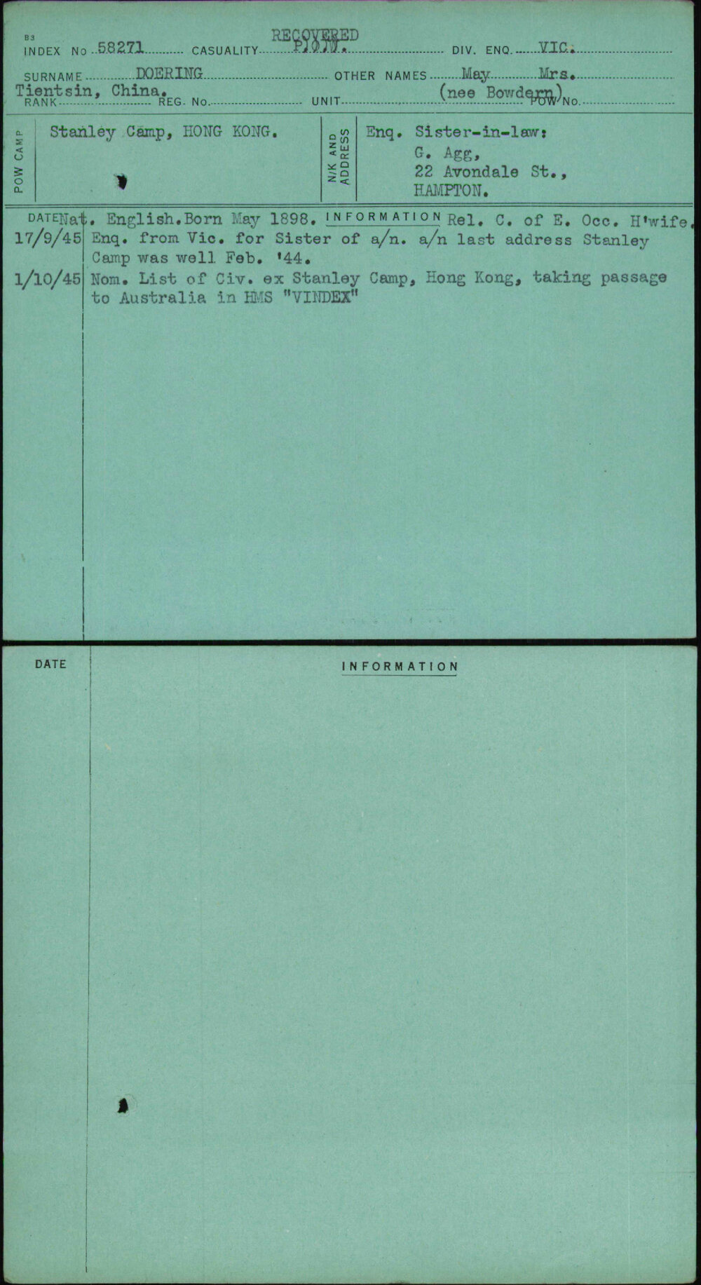 Doering, May Mrs, [No Service Number]