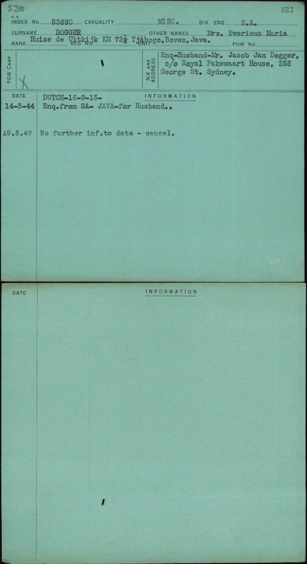 Dogger, Mrs Everiena Maria, [No Service Number]