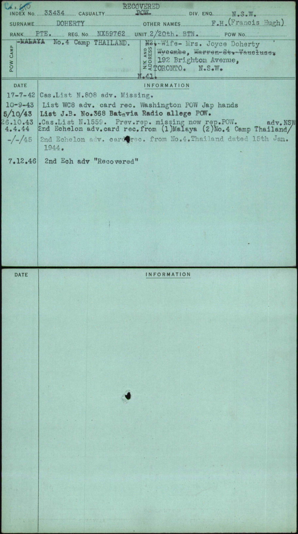 Doherty, F H (Francis Hugh), NX59762