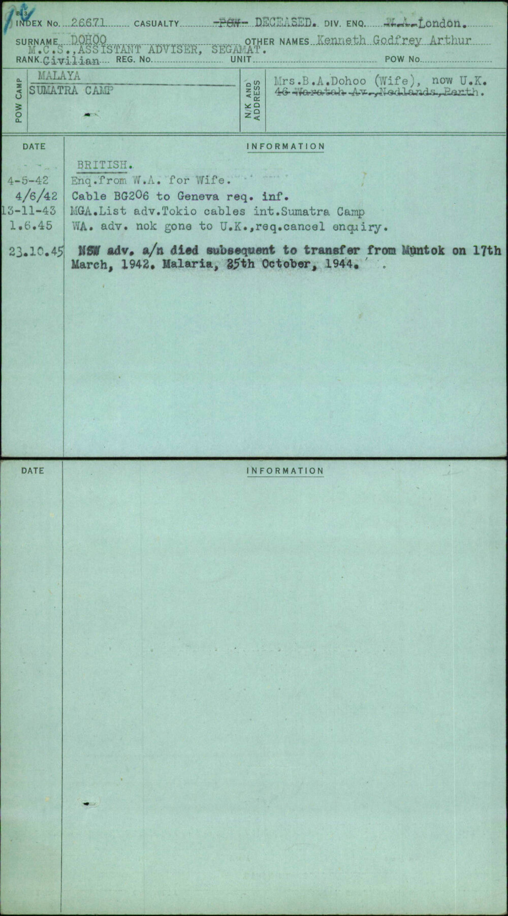Dohoo, Kenneth Godfrey Arthur, [No Service Number]