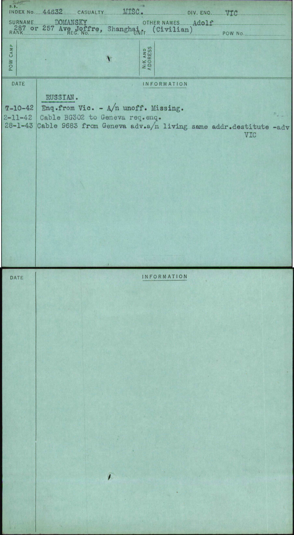 Domansky, Adolf, [No Service Number]