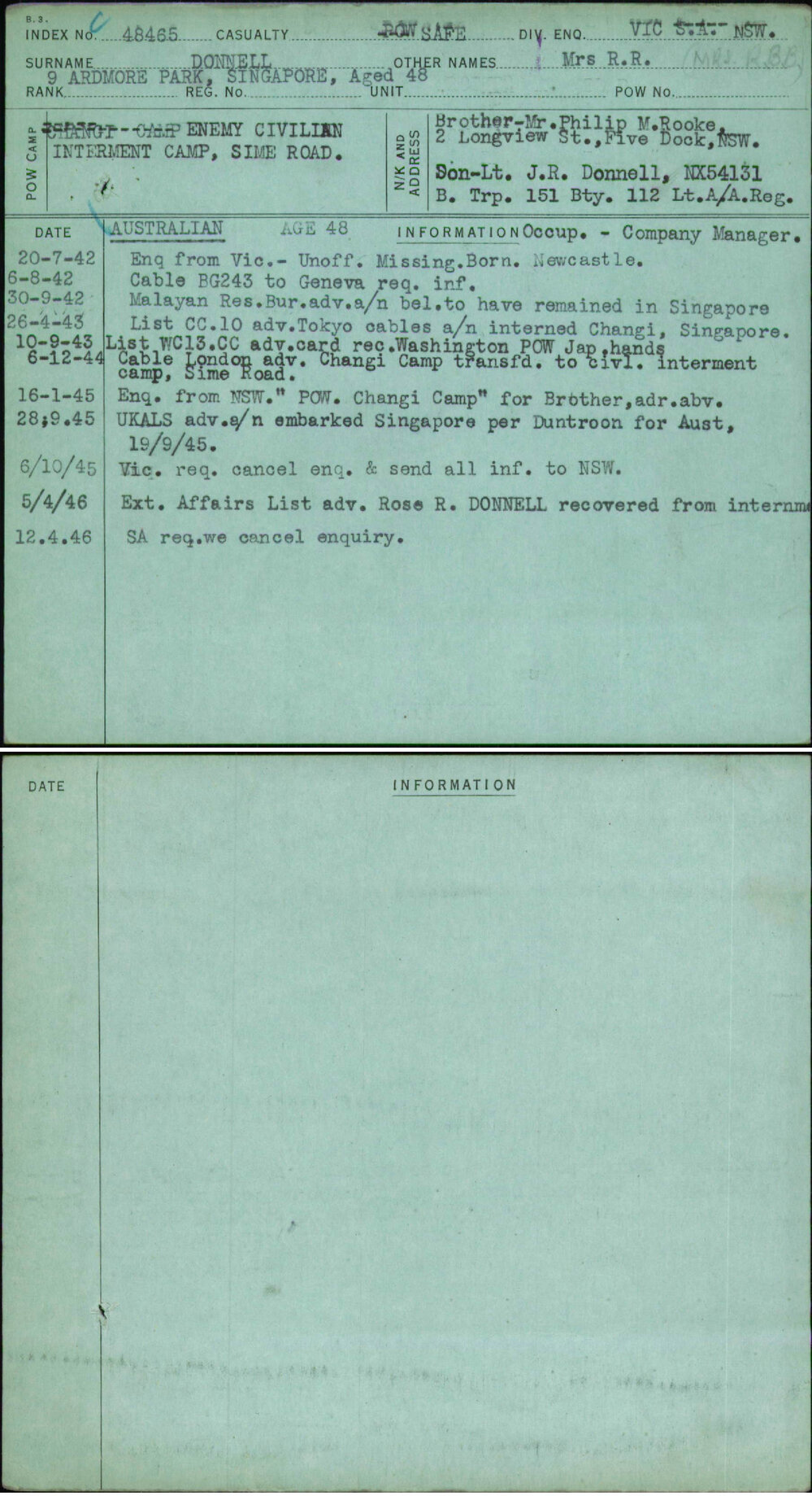 Donnell, Mrs R R, [No Service Number]