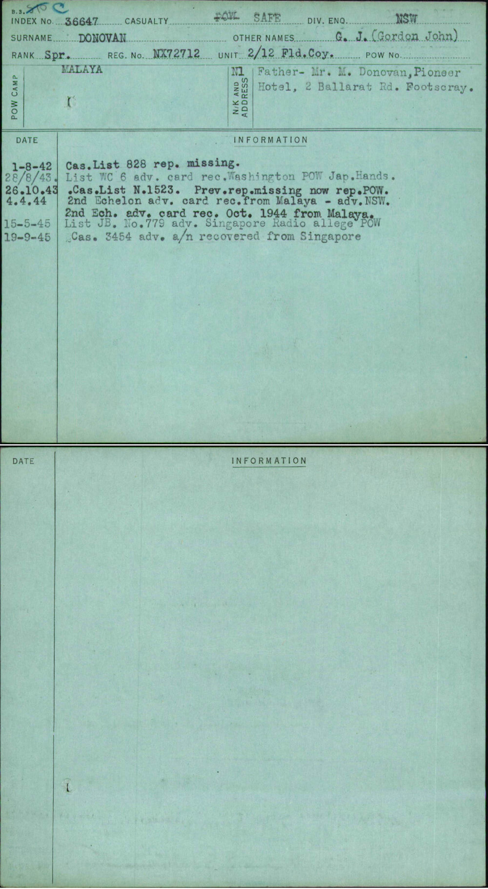 Donovan, G J (Gordon John), NX72712