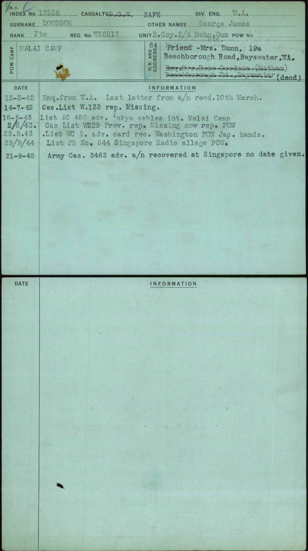 Doodson, George James, WX6917