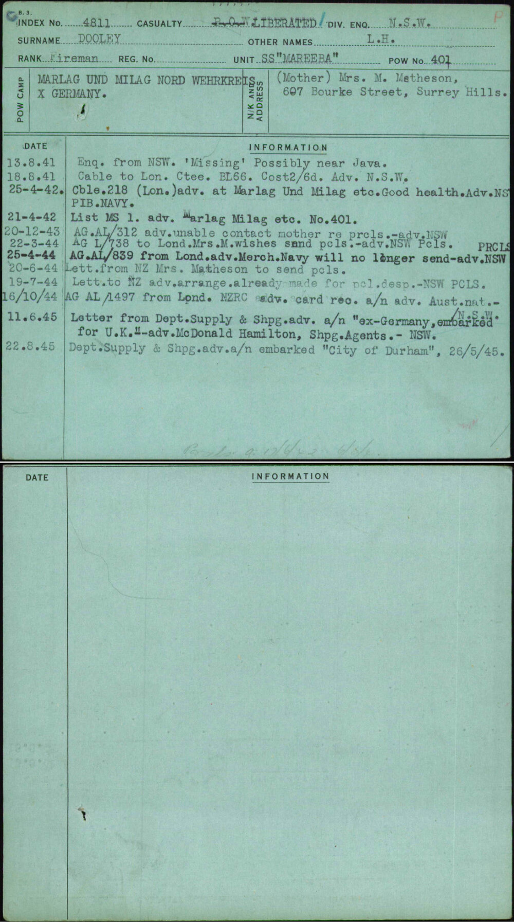 Dooley, L H, [No Service Number]