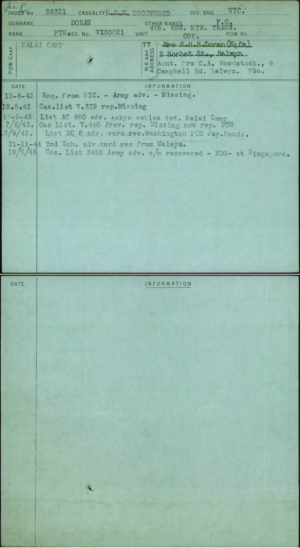 Doran, F G, VX50021