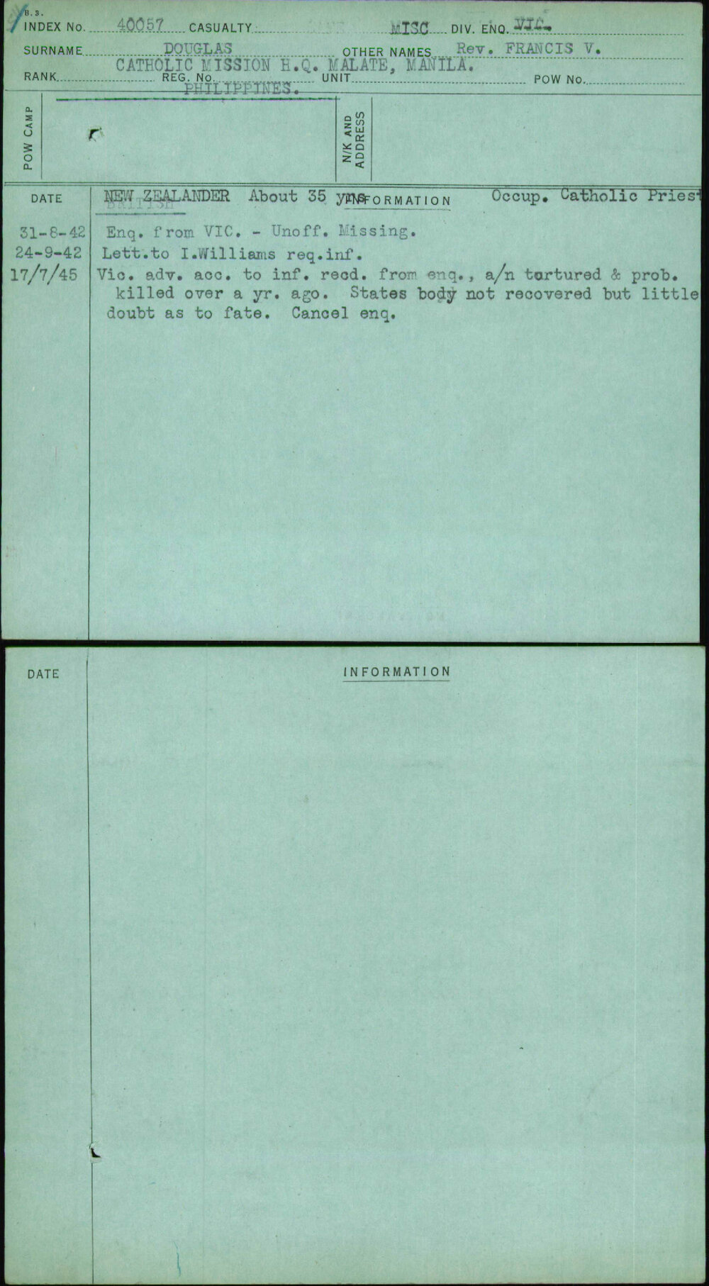 Douglas, Rev Francis V, [No Service Number]