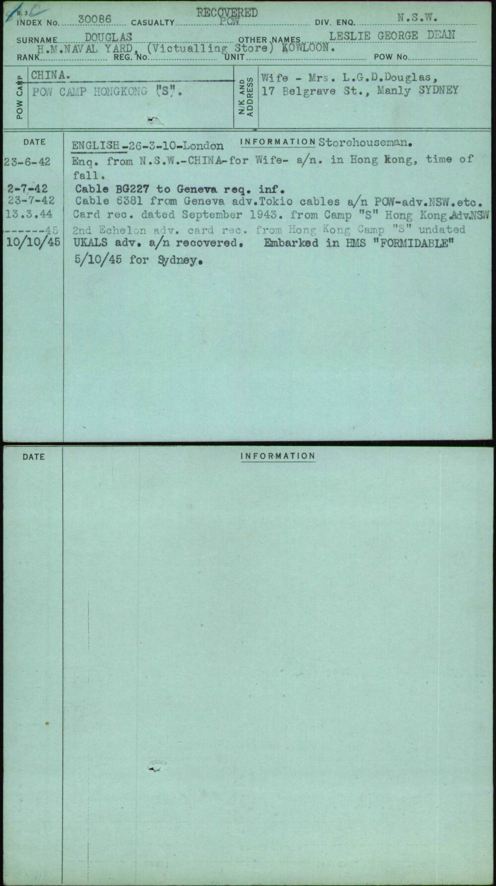 Douglas, Leslie George Dean, [No Service Number]