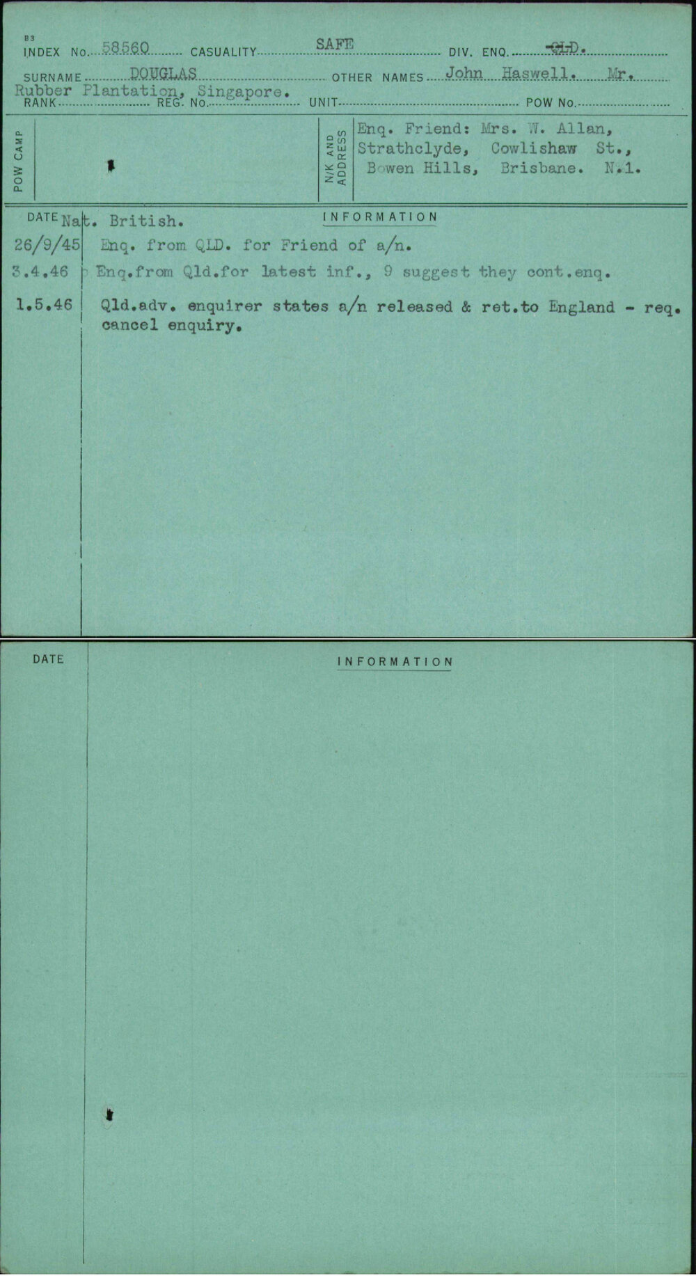 Douglas, John Haswell Mr, [No Service Number]