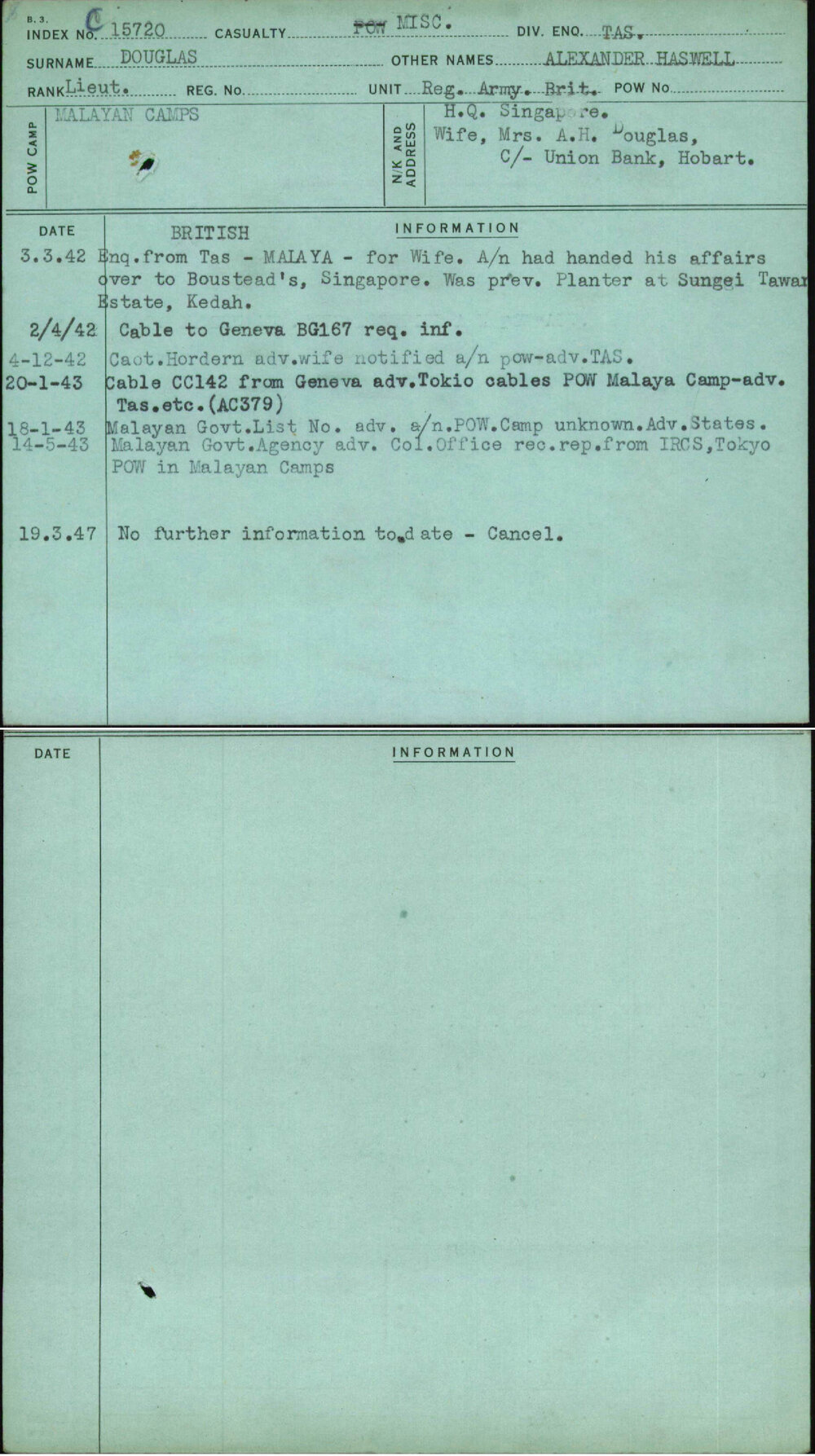 Douglas, Alexander Haswell, [No Service Number]