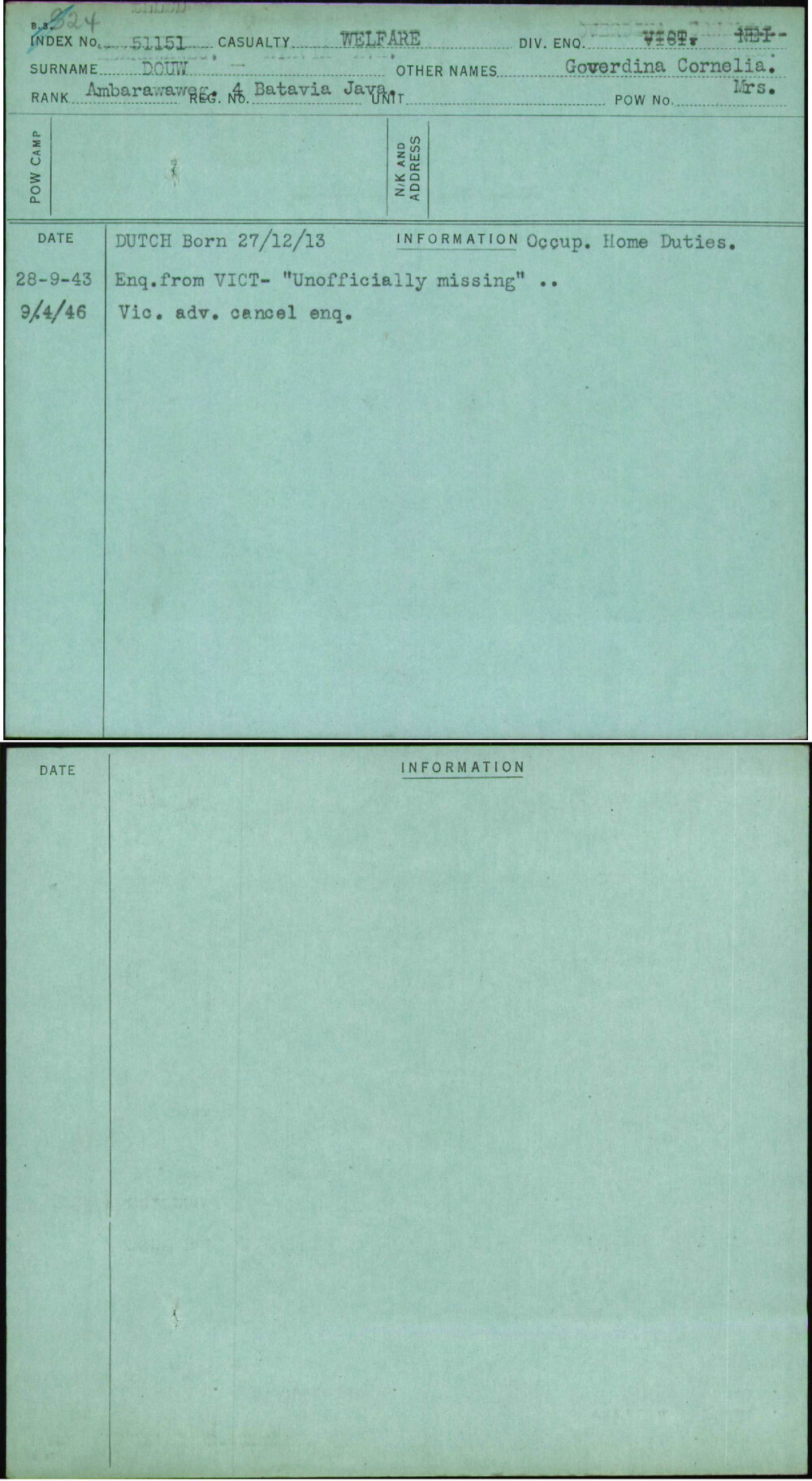 Douw, Goverdina Cornelia Mrs, [No Service Number]