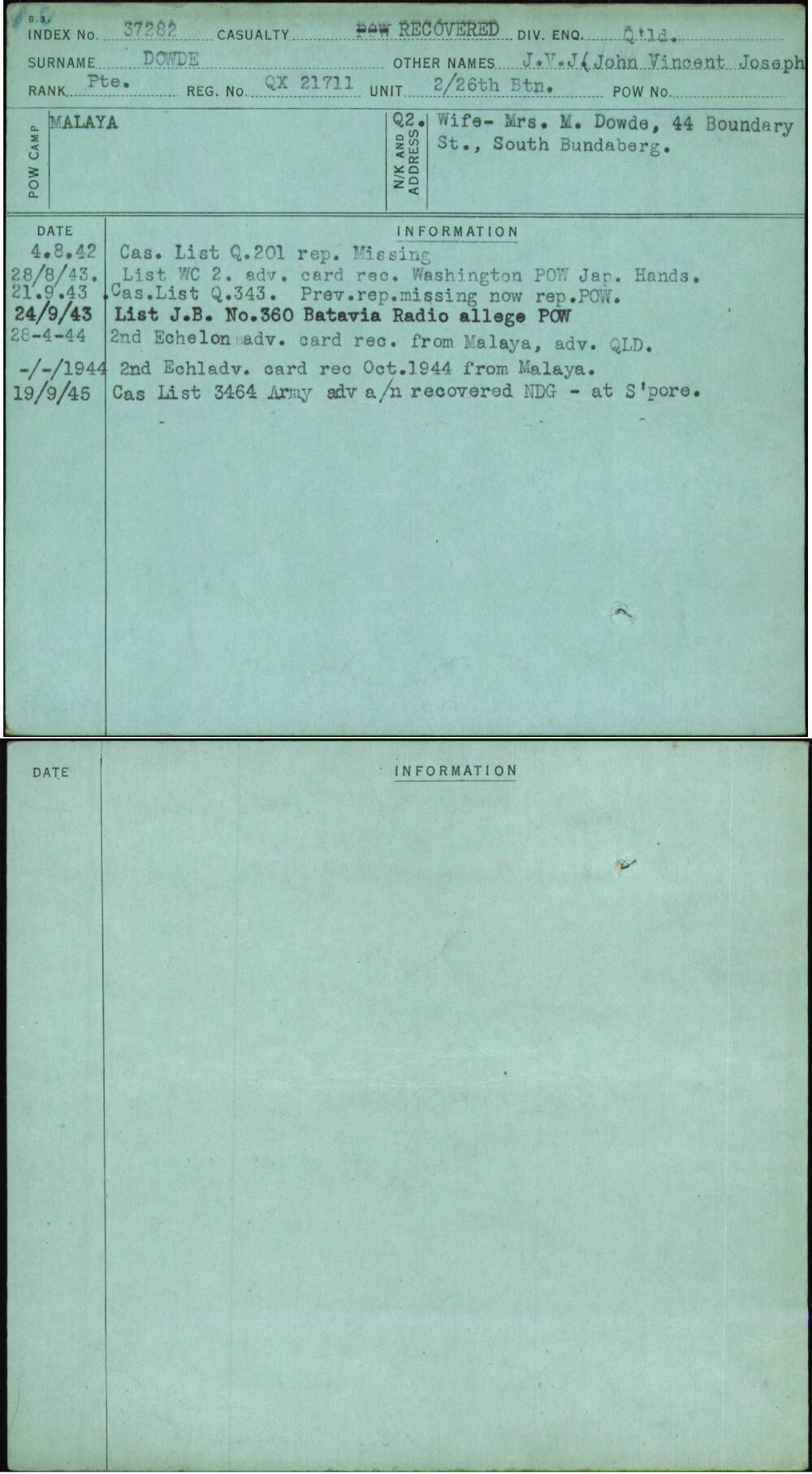 Dowde, J V J (John Vincent Joseph, QX21711