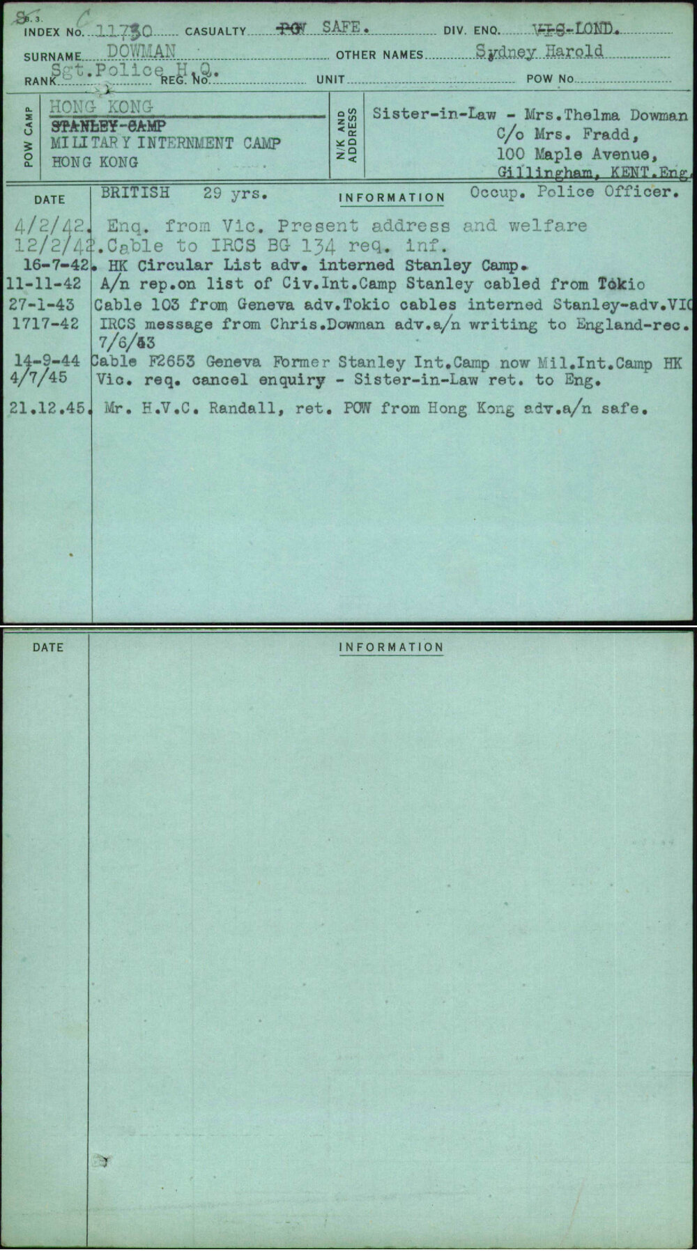 Dowman, Sydney Harold, [No Service Number]