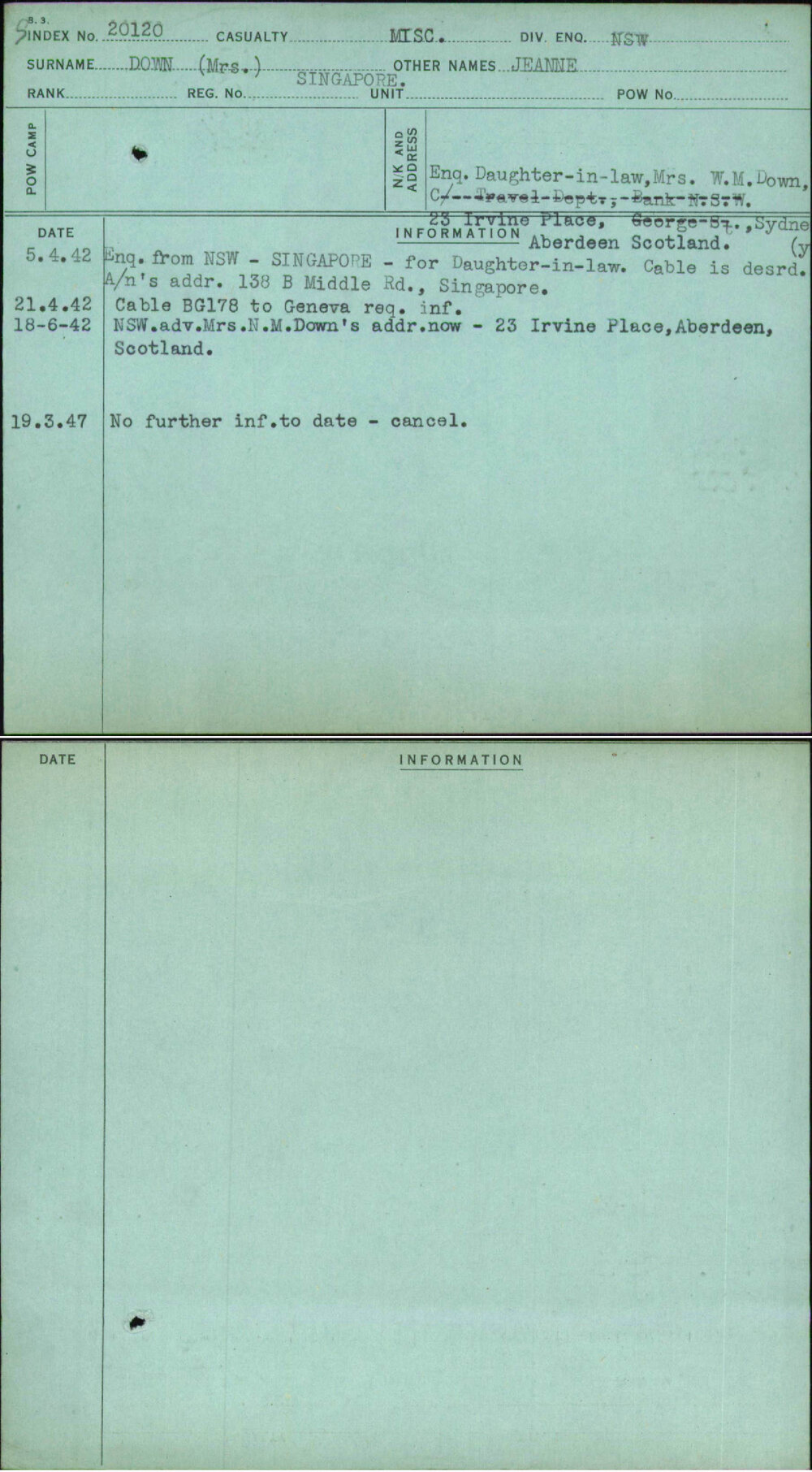 Down (Mrs), Jeanne, Singapore