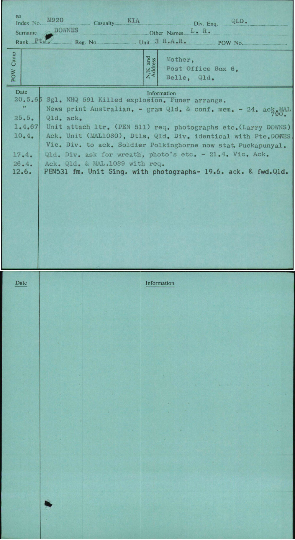 Downes, L R, [No Service Number]