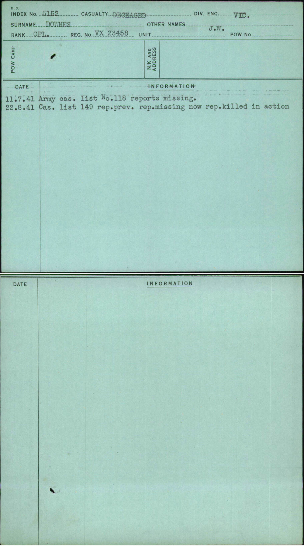 Downes, J W, VX23458