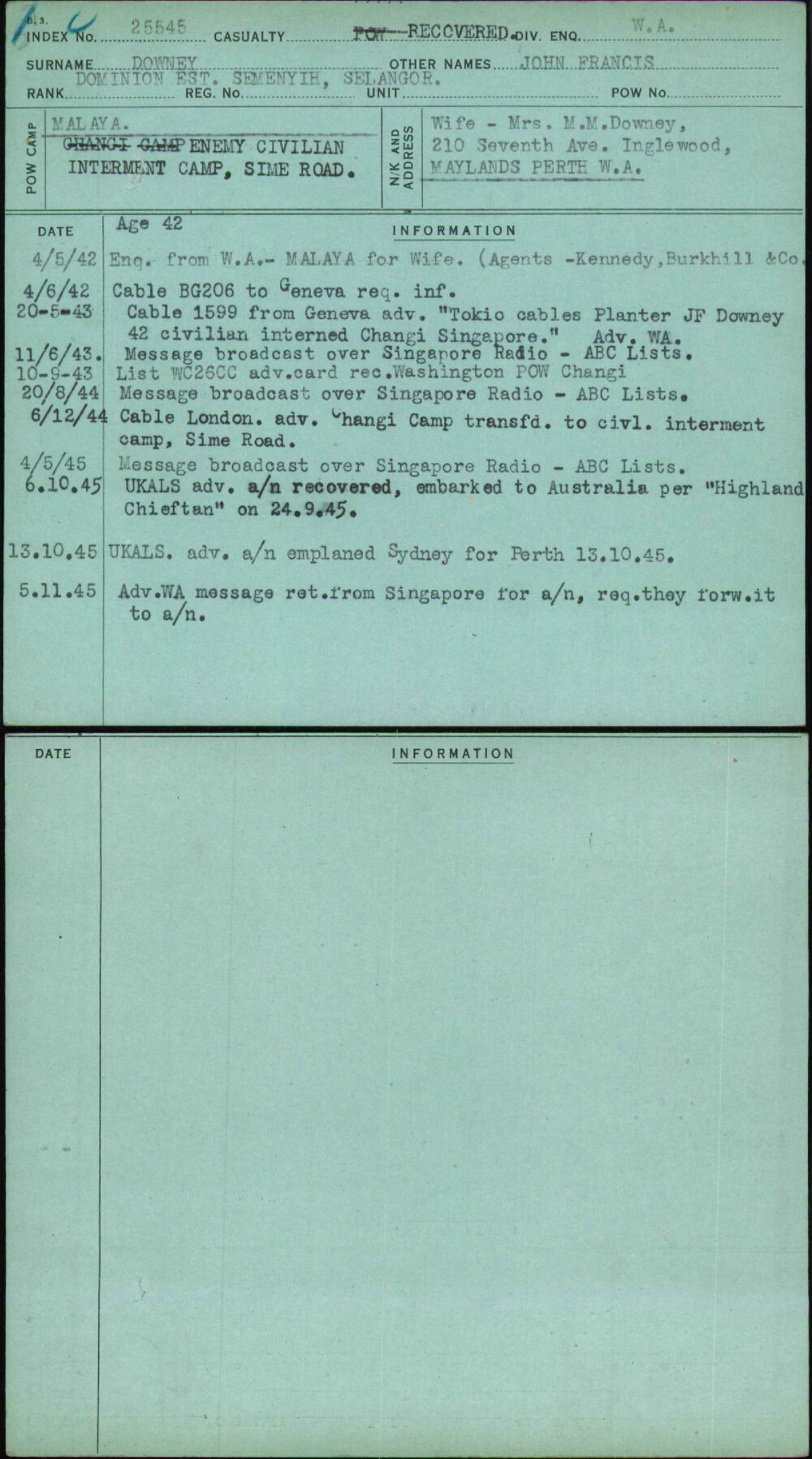 Downey, John Francis, [No Service Number]