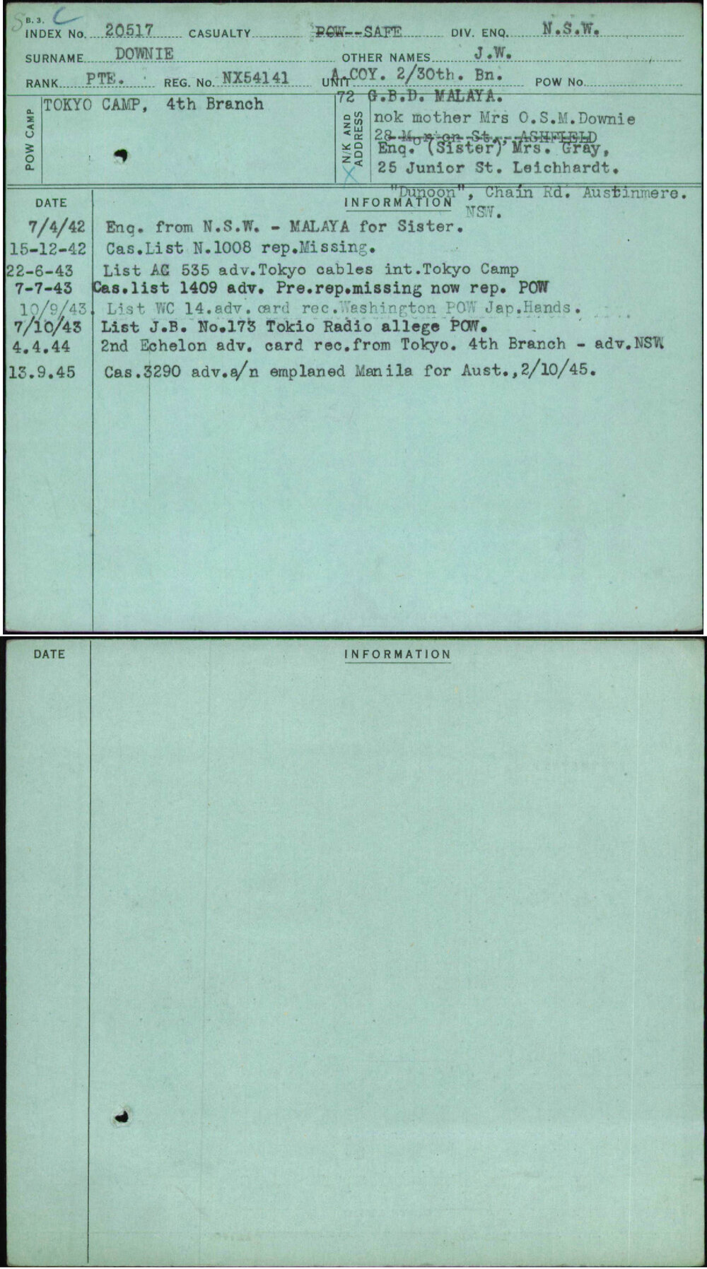 Downie, J W, NX54141