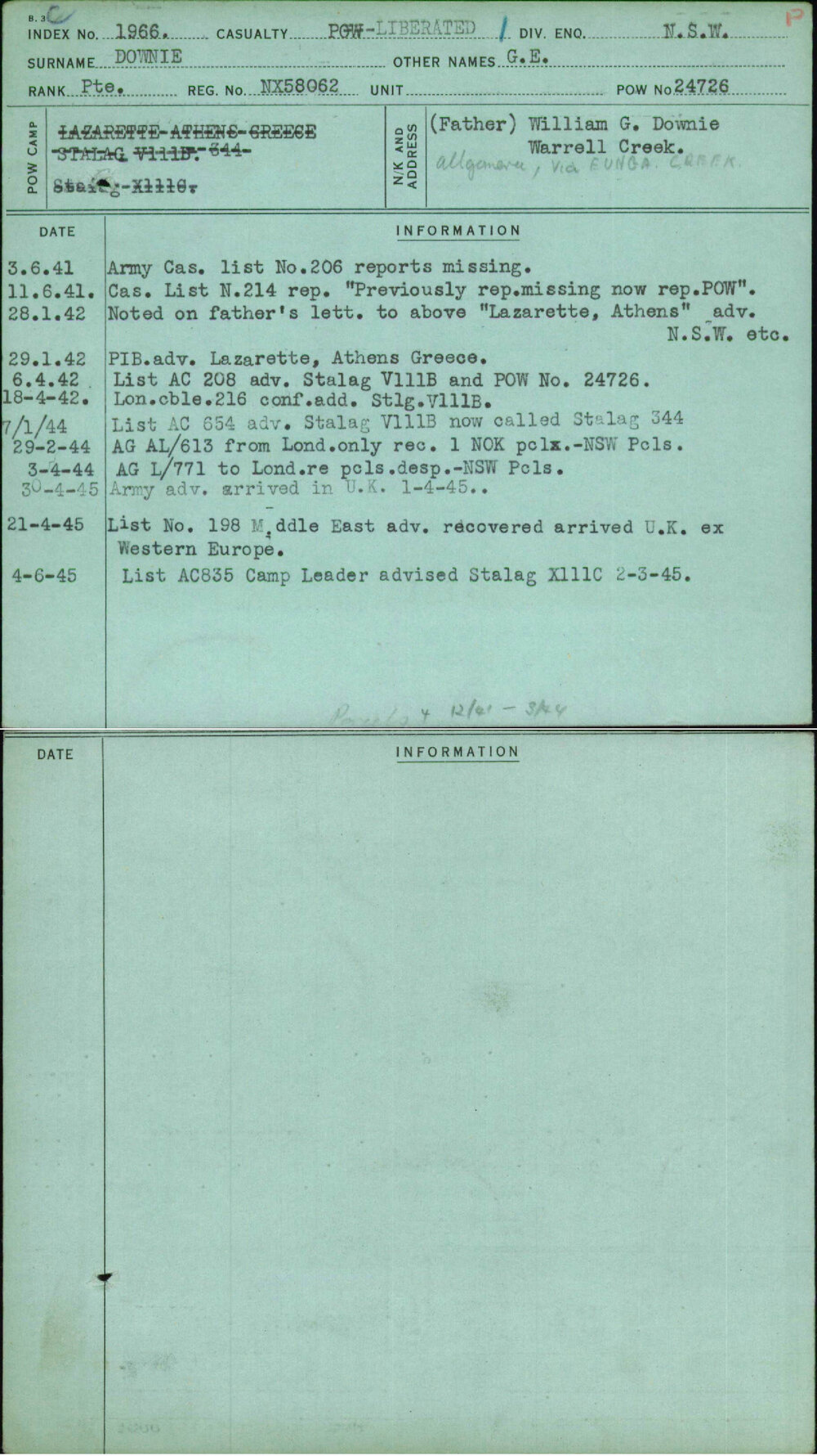 Downie, G E, NX58062