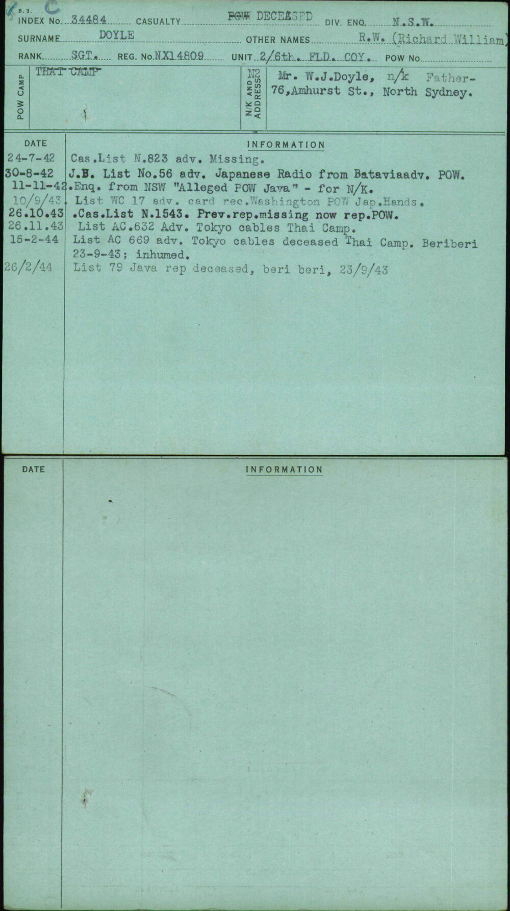 Doyle, R W (Richard William), NX14809
