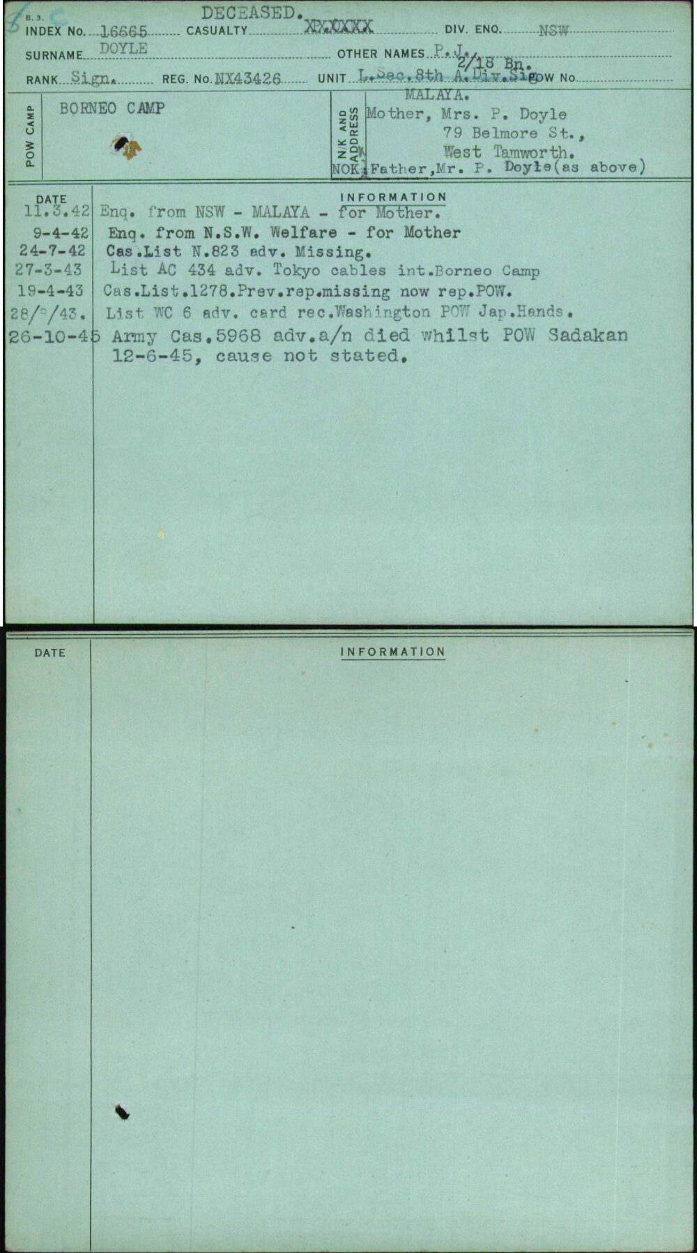 Doyle, P J, NX43426