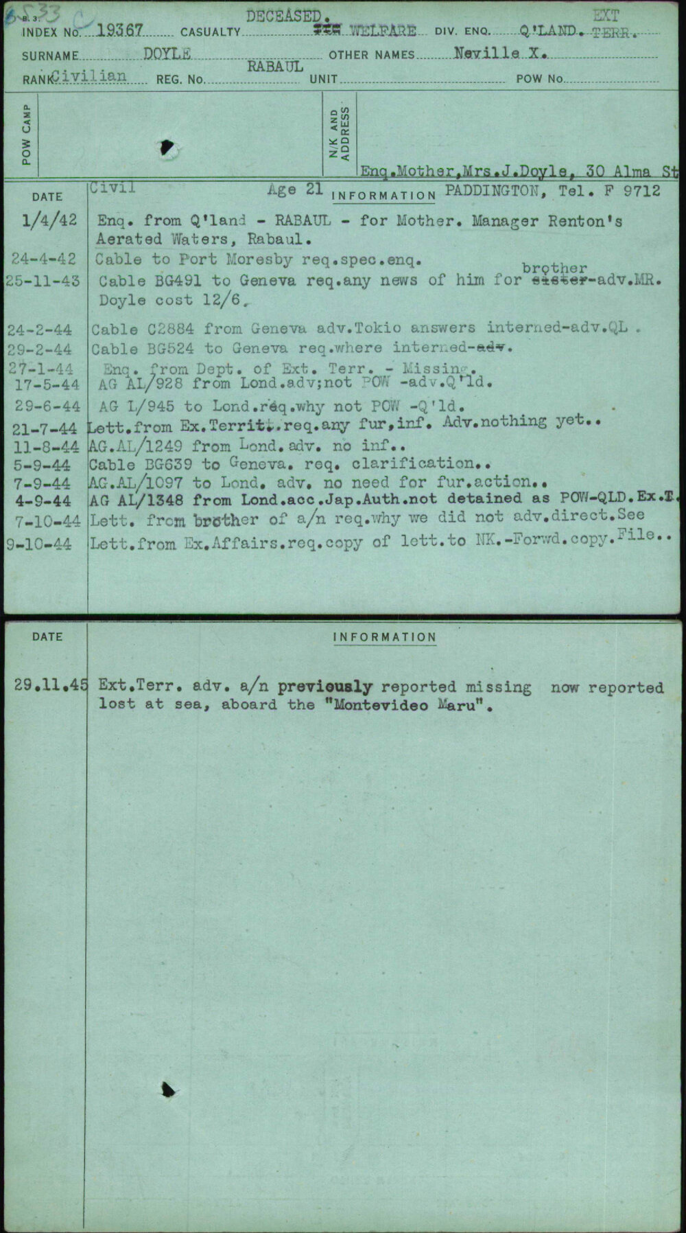 Doyle, Neville X, Rabaul