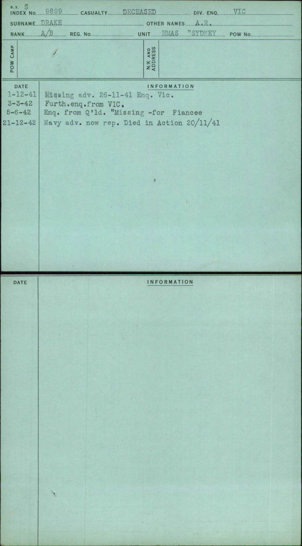 Drake, A R, [No Service Number]